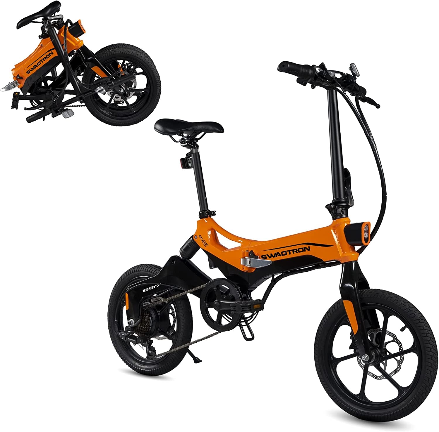Swagcycle EB-7 Elite plus Folding Electric Bike with Removable Battery, Orange/Black, 16" Wheels, 7-Speed