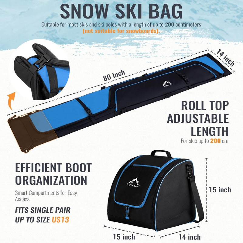 Ski Bag and Boot Bag Combo, Padded Skis Bag for Air Travel, Safety Reinforce Ski Carrier Bag Fits for Skis up to 200 CM and Boots up to Size US13, Water- Resistant Ski Travel Bag