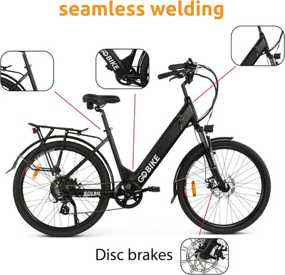 Soleil Lightweight Electric Motorized Bike, Step through E-Bike 7 Speed Shimano, Pedal Assist, Thumb Throttle, City E-Bikes for Men, and Women 48V 500W Motor 30 Mile Range for Adults, by Gobike