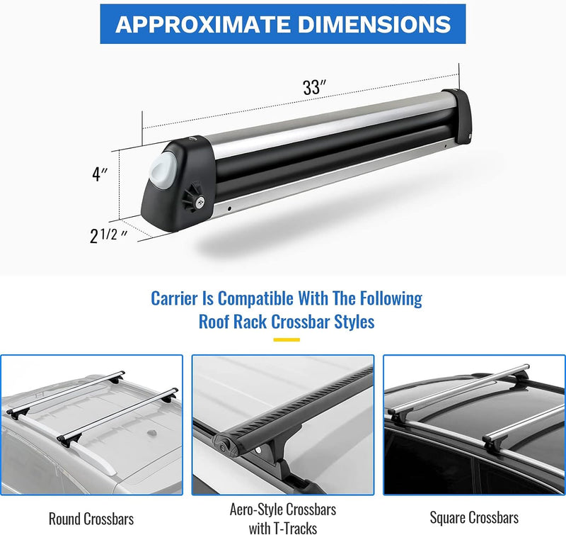 33'' Aluminum Universal Ski Roof Rack Fits 6 Pairs Skis or 4 Snowboards, Ski Roof Carrier Fit Most Vehicles Equipped Cross Bars