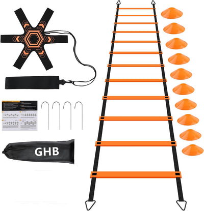 Pro Agility Ladder Soccer Kick Trainer Set 20Ft 12 Rung10 Cones and 4 Stakes Speed Agility Football Training Equipment with Carrying Bag