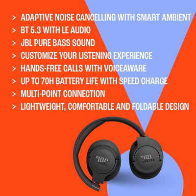 TUNE 770NC - Adaptive Noise Cancelling with Smart Ambient Wireless Over-Ear Headphones, Bluetooth 5.3, up to 70H Battery Life with Speed Charge, Lightweight, Comfortable & Foldable Design (Black)