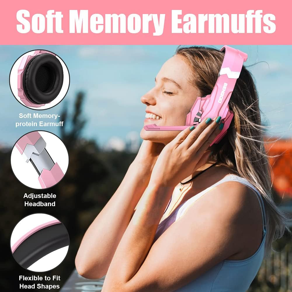 G9000 Professional Gaming Headset for PS4, PC, Xbox One Controller, Noise Cancelling over Ear Headphones with Mic, LED Light, Bass Surround, Soft Memory Earmuffs for Laptop Nintendo - Pink