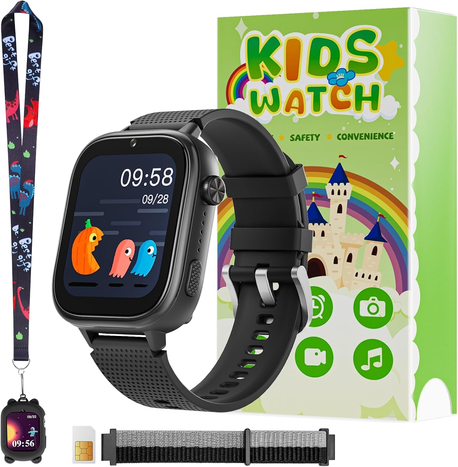 4G Kids Watch, Smart Watch for Kids with SIM Card, 47 Exciting Games, Two-Way Calling Feature, SOS Emergency Call Button Ideal for Kids Aged 3-12, Children’S Cell Phone Alternative (Black)