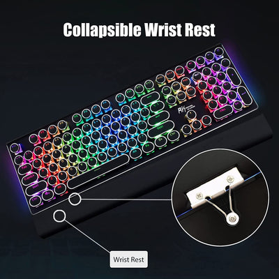 S108 Typewriter Keyboard, Retro Mechanical Gaming Keyboard Wired 108 Keys with RGB Backlit Sidelight, Detachable Wrist Rest, round Keycaps Blue Switches - Black