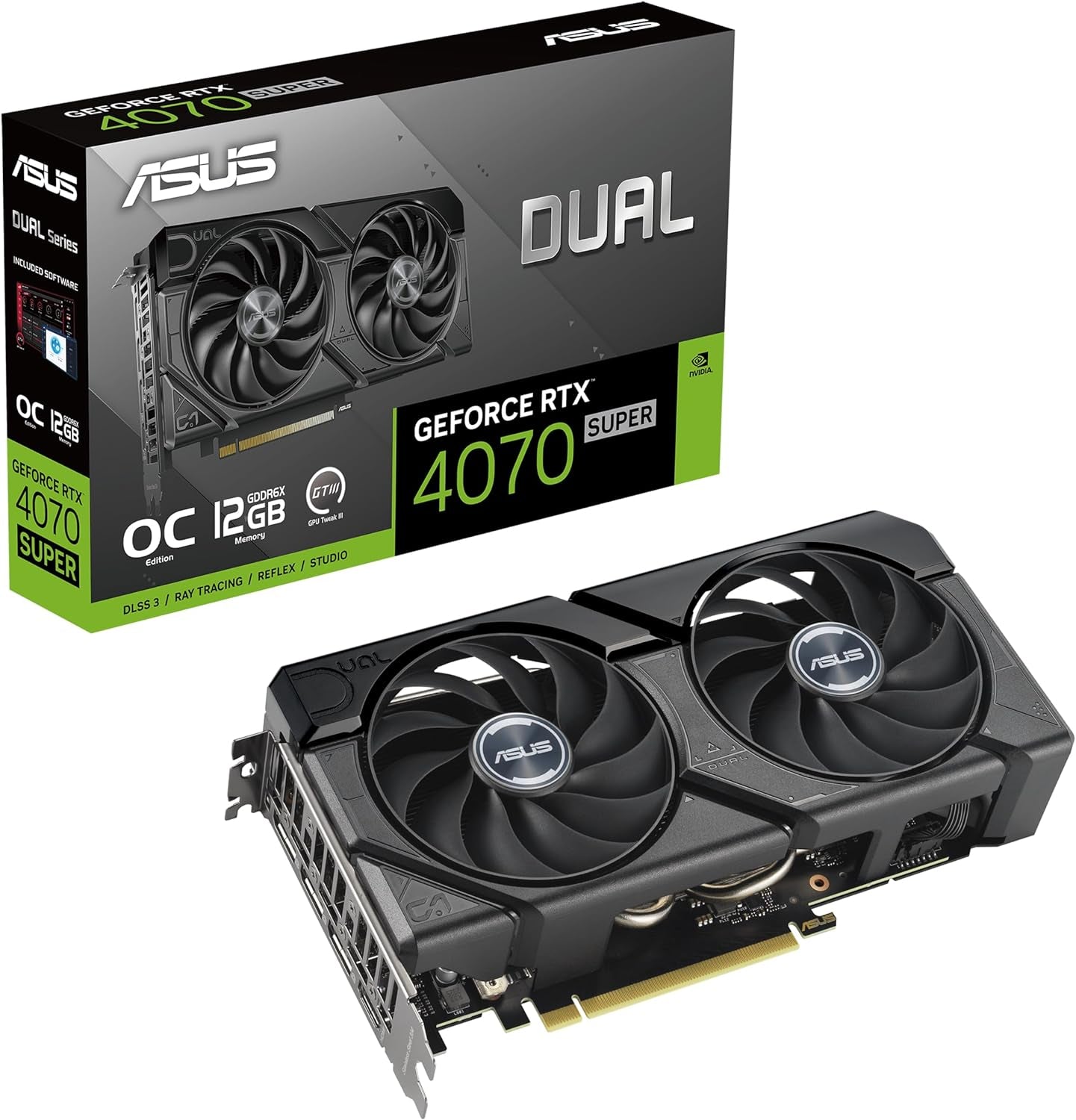 Dual Geforce RTX™ 4070 Super EVO OC Edition 12GB GDDR6X (Pcie 4.0, 12GB GDDR6X, DLSS 3, HDMI 2.1A, Displayport 1.4A, 2.5-Slot Design, Axial-Tech Fan Design, 0Db Technology, and More)