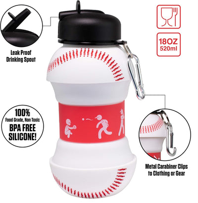 Art Clip-On Collapsible Bpa-Free Silicone Baseball Water Bottle for Kids, 18 Oz. Size