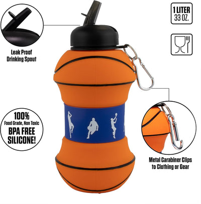 Art Clip-On Collapsible 1 Liter, 34 Oz. Size Bpa-Free Silicone Basketball Large Water Bottle for Kids