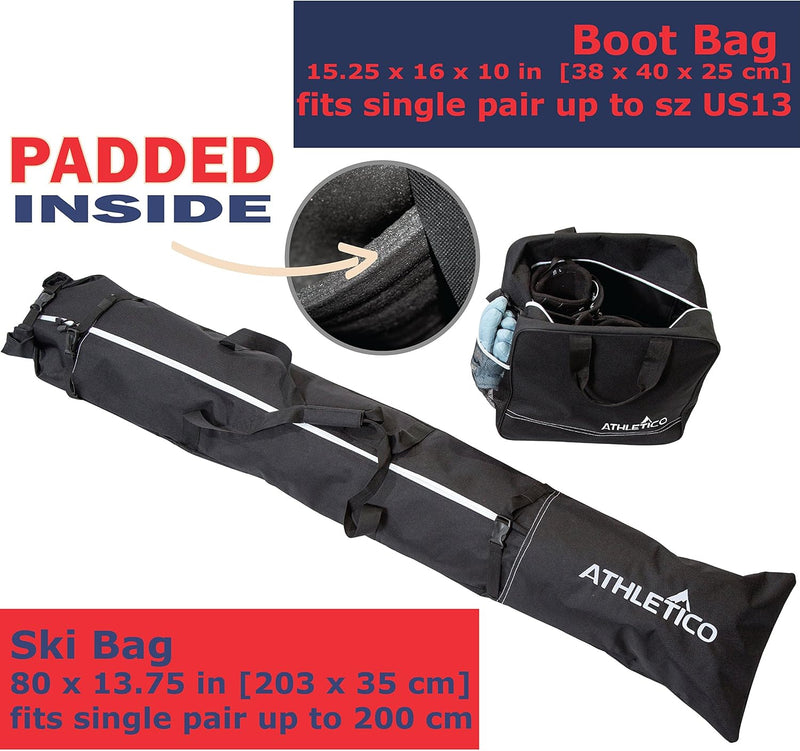 Padded Two-Piece Ski and Boot Bag Combo | Store & Transport Skis up to 200 CM and Boots up to Size 13 | Includes 1 Padded Ski Bag & 1 Padded Ski Boot Bag