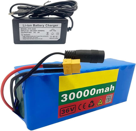 36V 30Ah E-Bike Lithium-Ion Battery Pack for 150W-500W Motor with 42V 2A Charger Rechargeable Replacement Battery Pack