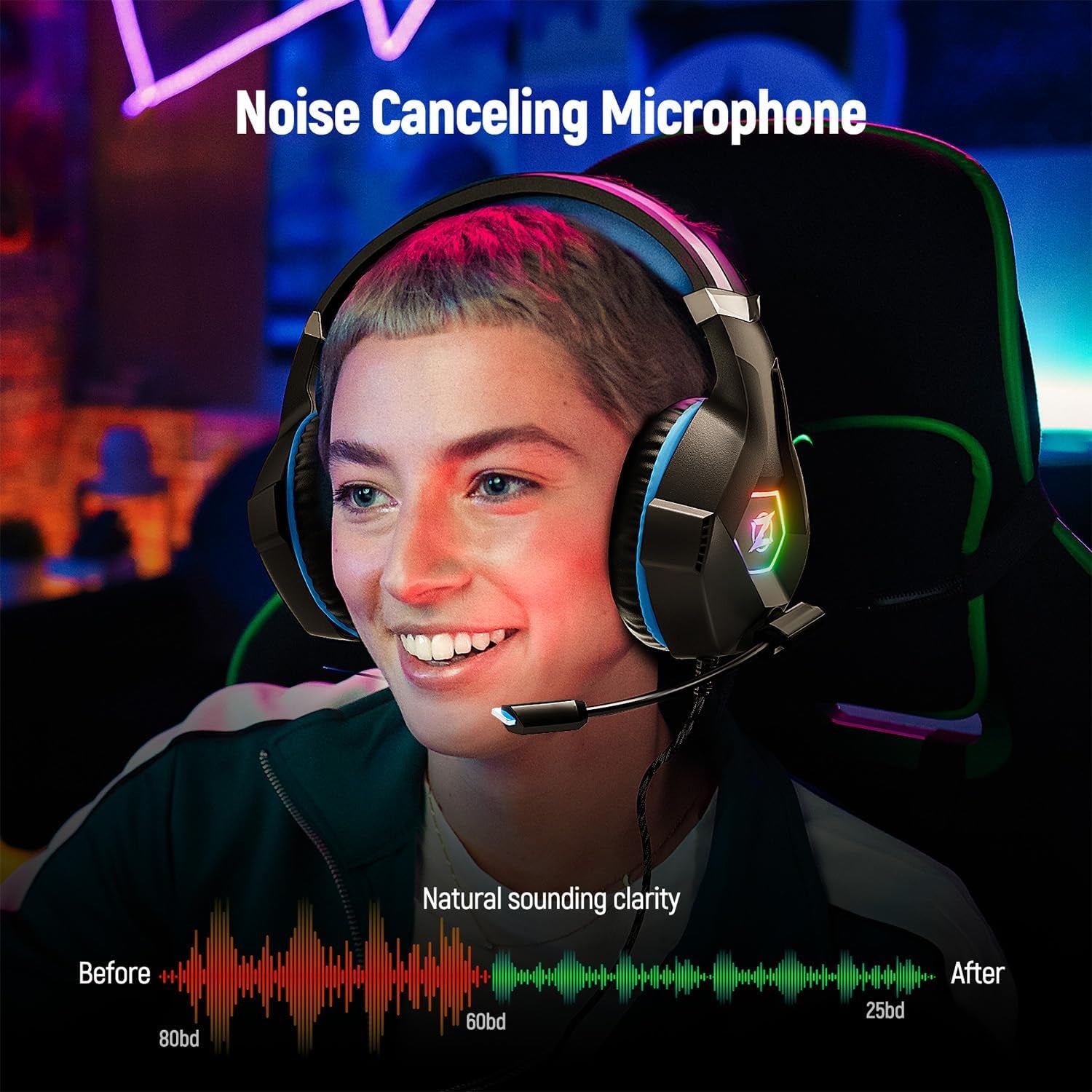 Gaming Headset for Ps5, Ps4, PC with 7.1 Surround Sound, Gaming Headphones with Noise Cancelling Flexible Mic RGB Light Memory Earmuffs for Xbox Series X/S, PC, Mac, Laptop, Phone