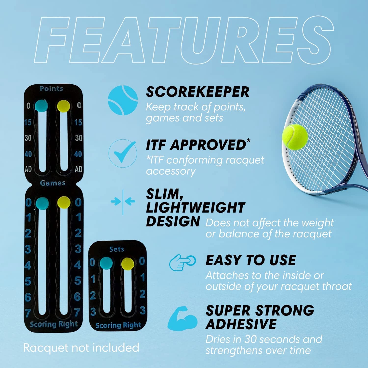 Portable Tennis Racket and Padel Scorekeeper, Easily Mounted Small Score Board to Keep Score of Points, Games, and Sets, ITF Conforming and Lightweight Mini Score Keeper, 1.9G