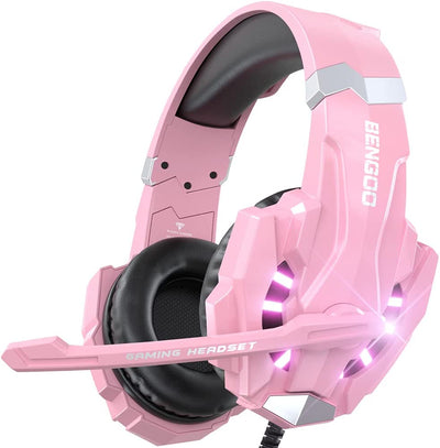 G9000 Professional Gaming Headset for PS4, PC, Xbox One Controller, Noise Cancelling over Ear Headphones with Mic, LED Light, Bass Surround, Soft Memory Earmuffs for Laptop Nintendo - Pink