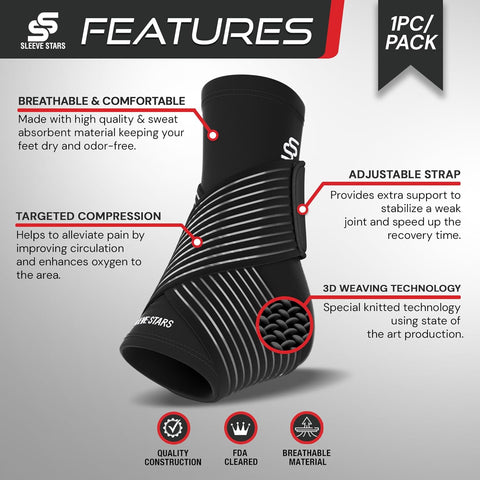 Sleeve Stars Ankle Brace for Sprained Ankle, Plantar Fasciitis Relief Achilles Tendonitis Brace, Ankle Support for Women & Men with Strap, Heel Protector Wrap for Pain & Compression (Single/Black)