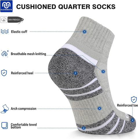 6 Pack Mens Ankle Athletic Socks Cushioned Running Sports Cotton Quarter Socks