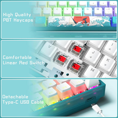 60% Percent Keyboard, WK61 Mechanical RGB Wired Gaming Keyboard, Hot-Swappable Keyboard with Blue Sea PBT Keycaps for Windows PC Gamers - Linear Red Switch