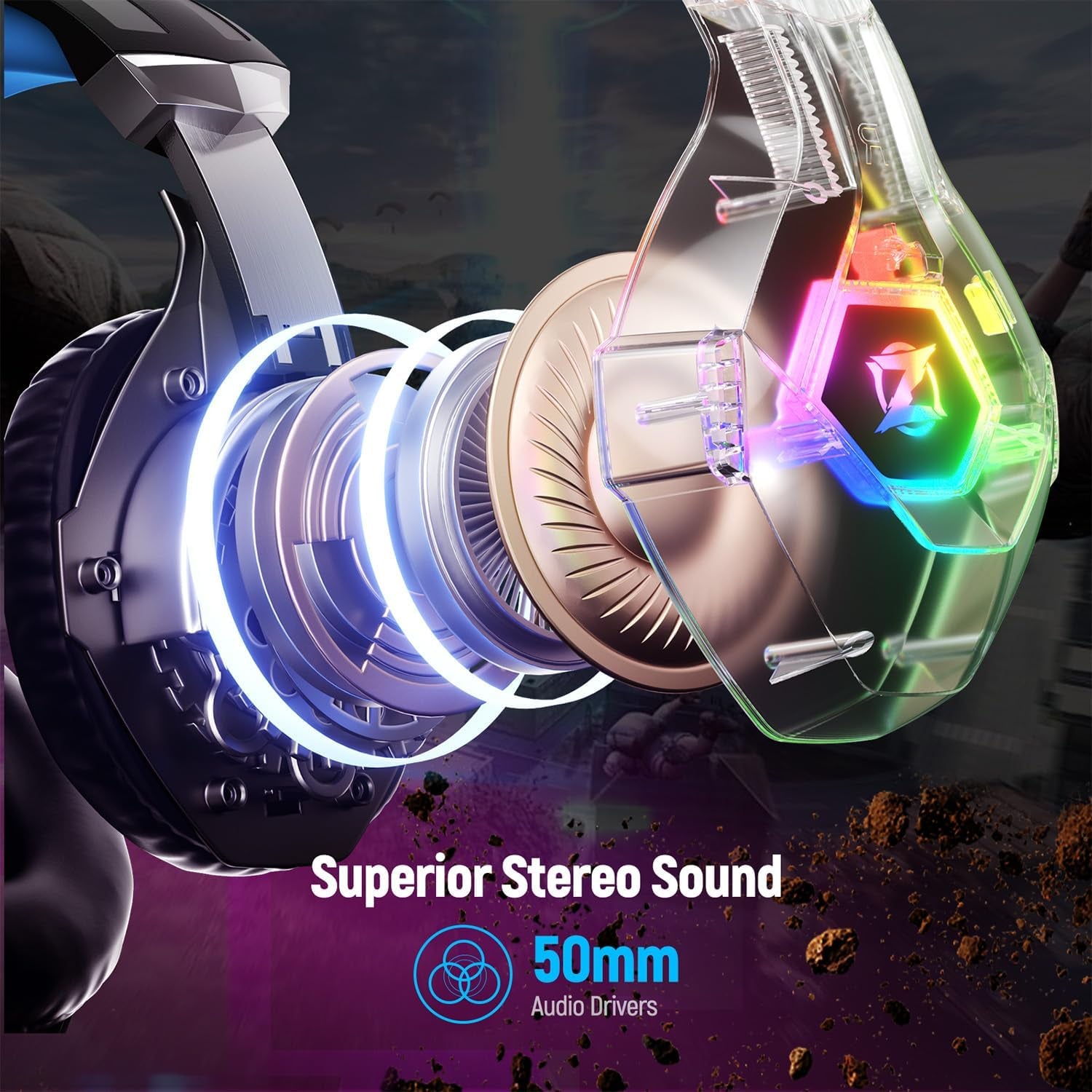 Gaming Headset for Ps5, Ps4, PC with 7.1 Surround Sound, Gaming Headphones with Noise Cancelling Flexible Mic RGB Light Memory Earmuffs for Xbox Series X/S, PC, Mac, Laptop, Phone