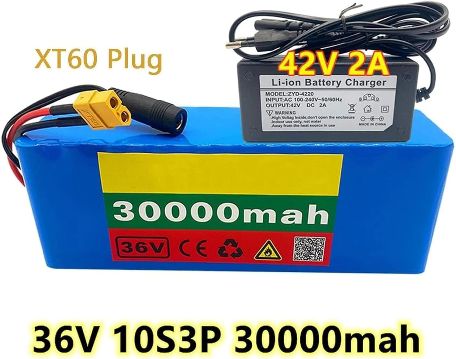 36V 30Ah E-Bike Lithium-Ion Battery Pack for 150W-500W Motor with 42V 2A Charger Rechargeable Replacement Battery Pack