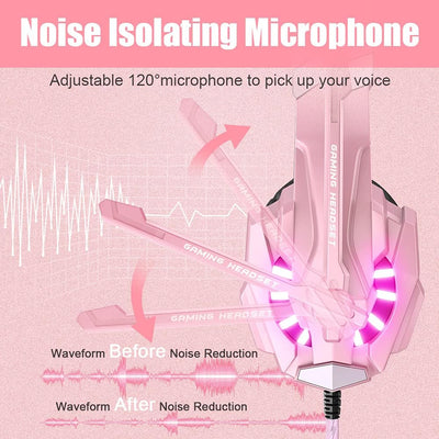 G9000 Professional Gaming Headset for PS4, PC, Xbox One Controller, Noise Cancelling over Ear Headphones with Mic, LED Light, Bass Surround, Soft Memory Earmuffs for Laptop Nintendo - Pink