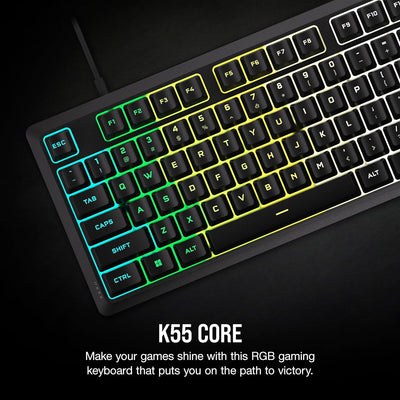 K55 CORE RGB Membrane Wired Gaming Keyboard – Quiet, Responsive Switches – Spill Resistance – Ten-Zone RGB – Media Keys – Icue Compatible – QWERTY NA – PC, Mac – Gray