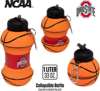 ART Ohio State Clip-On Collapsible 1 Liter, 34 Oz. Size Bpa-Free Silicone Basketball Large Water Bottle