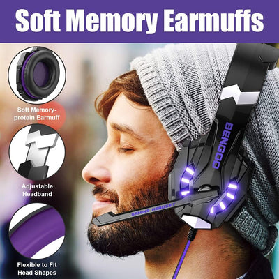 G9000 Stereo Gaming Headset for PS5, PS4, PC, Xbox One Controller, Noise Cancelling over Ear Headphones with Mic, LED Light, Bass Surround, Soft Memory Earmuffs - Purple