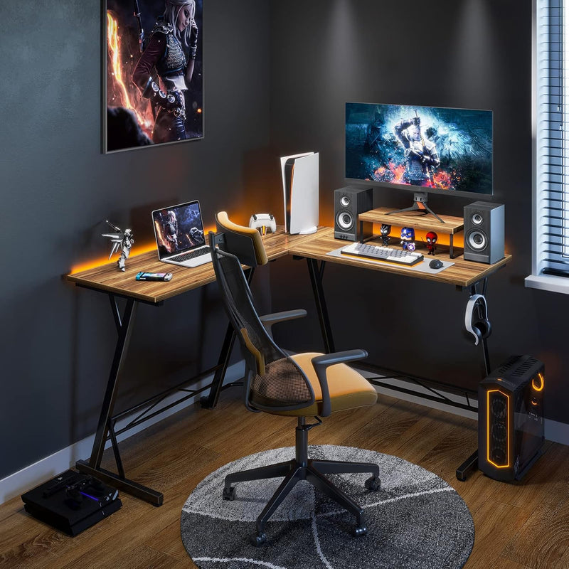 L Shaped Gaming Desk with Monitor Stand, Corner Desk Gaming Table for Home Office, Computer Desk Sturdy Writing Workstation for Small Space, 51 Inch, Sandalwood