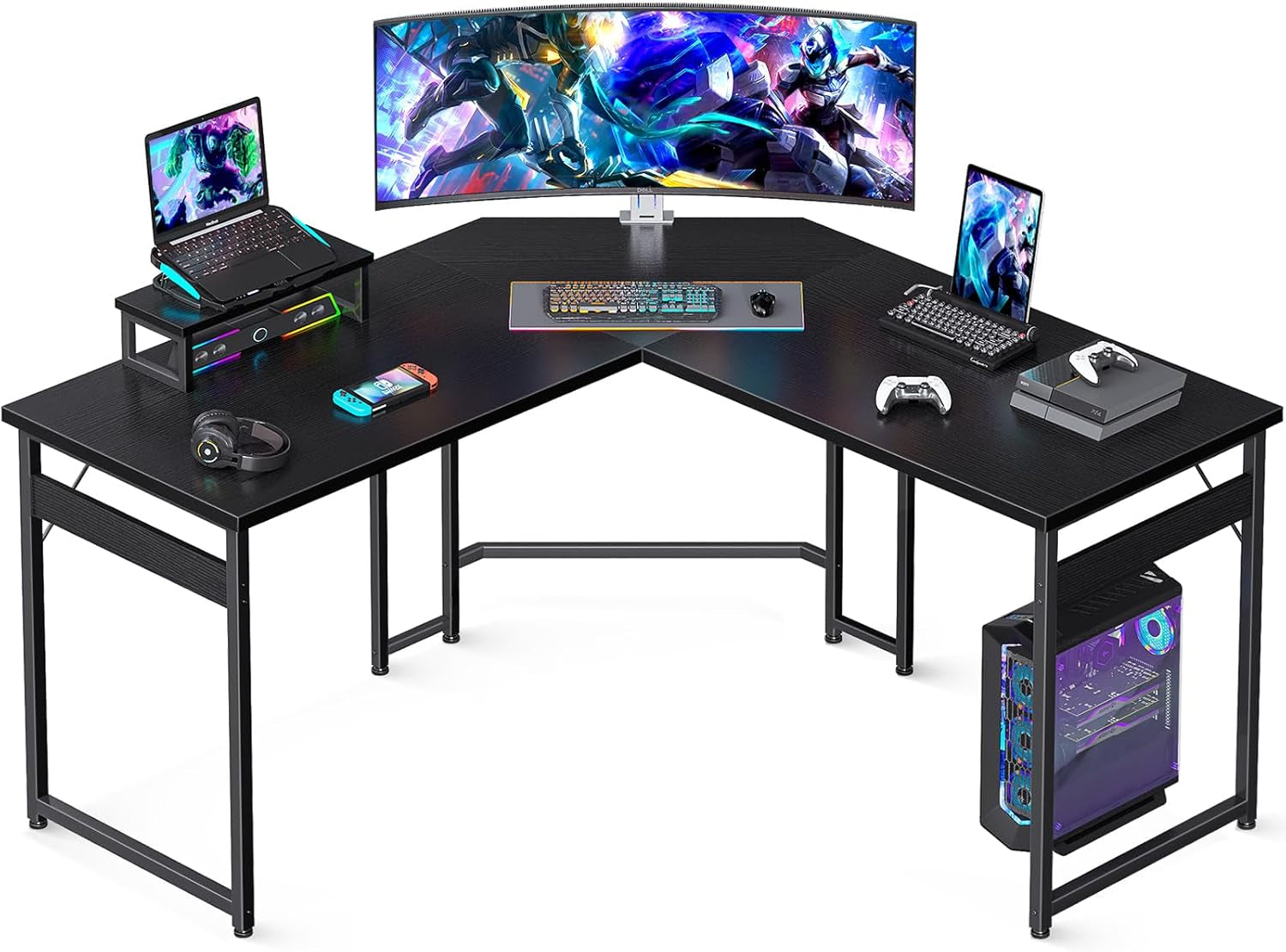 L Shaped Gaming Desk with Monitor Stand, Corner Desk Gaming Table for Home Office, Computer Desk Sturdy Writing Workstation for Small Space, 51 Inch, Black