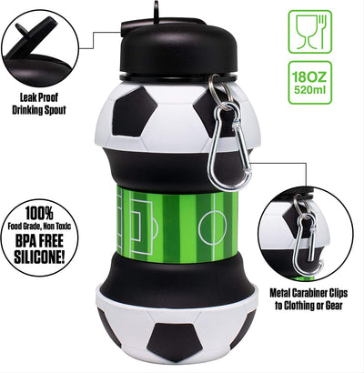 Art Clip-On Collapsible Bpa-Free Silicone Soccer Ball Water Bottle for Kids, 18 Oz. Size