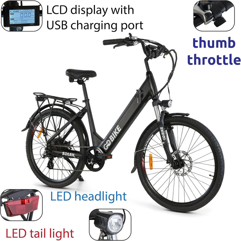 Soleil Lightweight Electric Motorized Bike, Step through E-Bike 7 Speed Shimano, Pedal Assist, Thumb Throttle, City E-Bikes for Men, and Women 48V 500W Motor 30 Mile Range for Adults, by Gobike