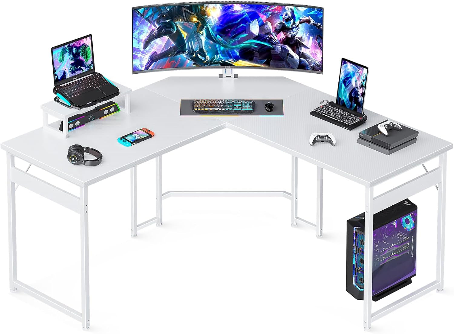 L Shaped Gaming Desk with Monitor Stand, Corner Desk Gaming Table for Home Office, Computer Desk Sturdy Writing Workstation for Small Space, 51 Inch, Carbon Fiber Surface, White