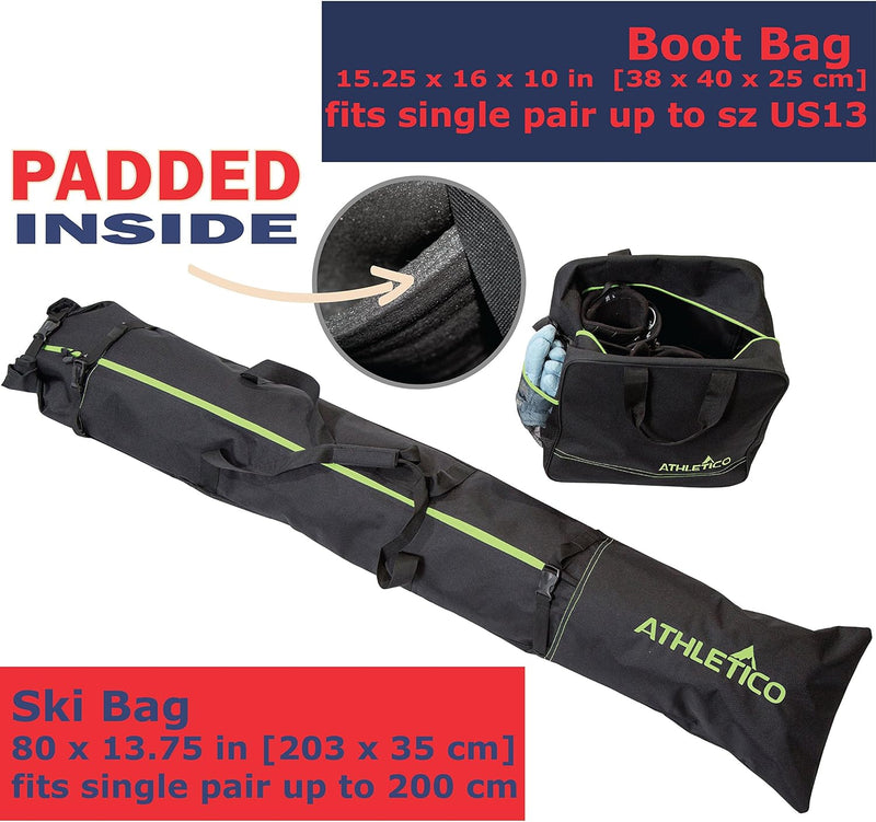 Padded Two-Piece Ski and Boot Bag Combo | Store & Transport Skis up to 200 CM and Boots up to Size 13 | Includes 1 Padded Ski Bag & 1 Padded Ski Boot Bag