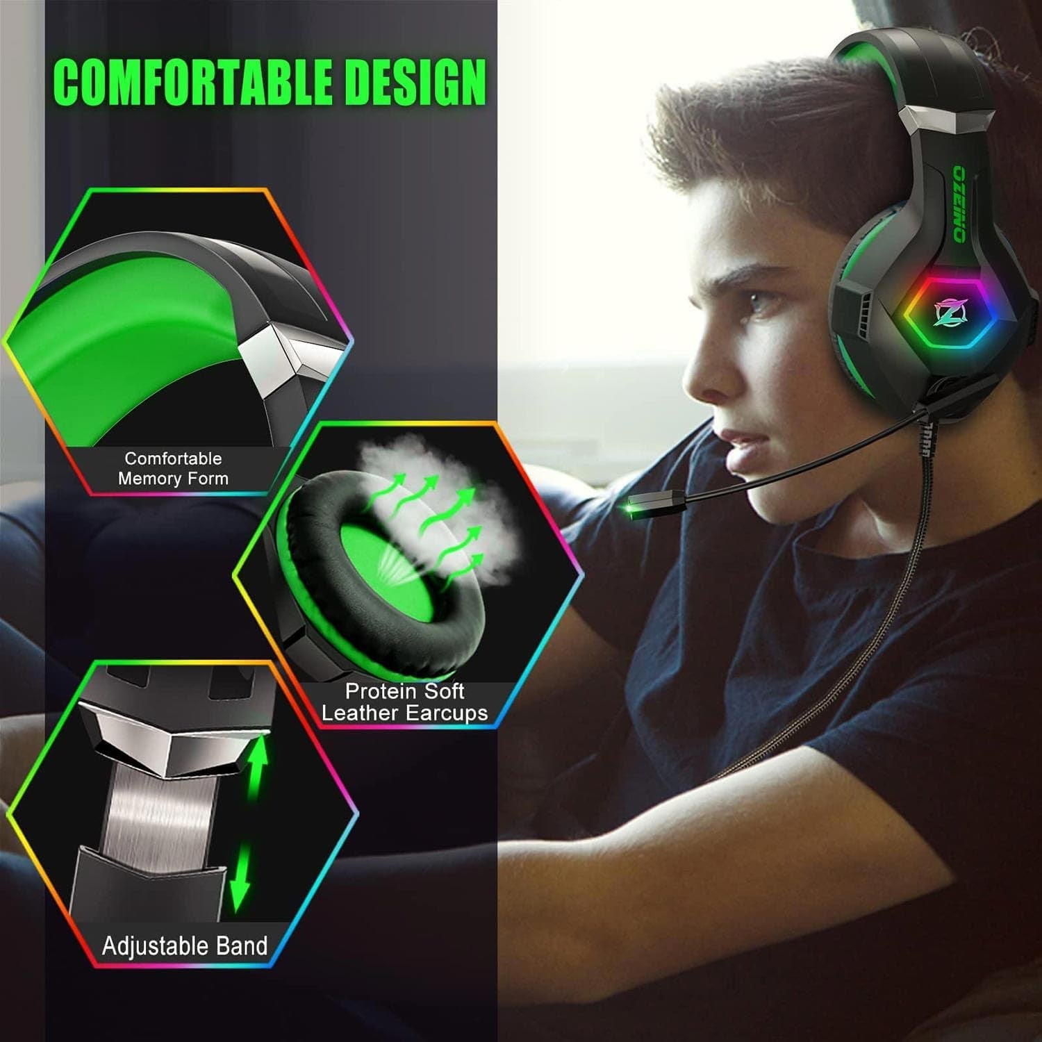 Gaming Headset for PC, Ps4, Ps5, Xbox Headset, Gaming Headphones with Noise Cancelling Flexible Mic RGB Light Memory Earmuffs for Xbox One, Switch, Mac -Green