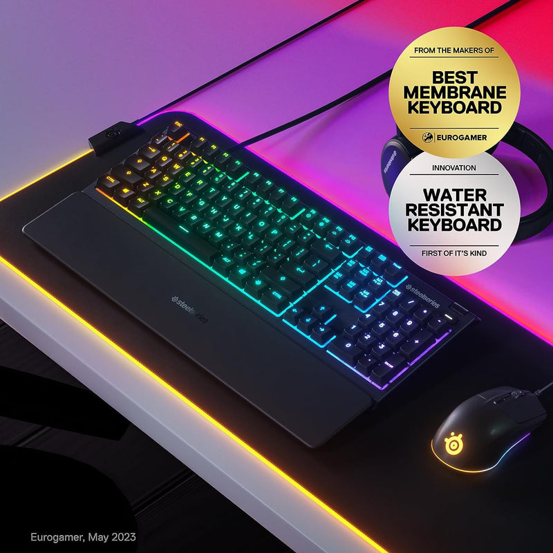 Apex 3 RGB Gaming Keyboard – 10-Zone RGB Illumination – IP32 Water Resistant – Premium Magnetic Wrist Rest (Whisper Quiet Gaming Switch)