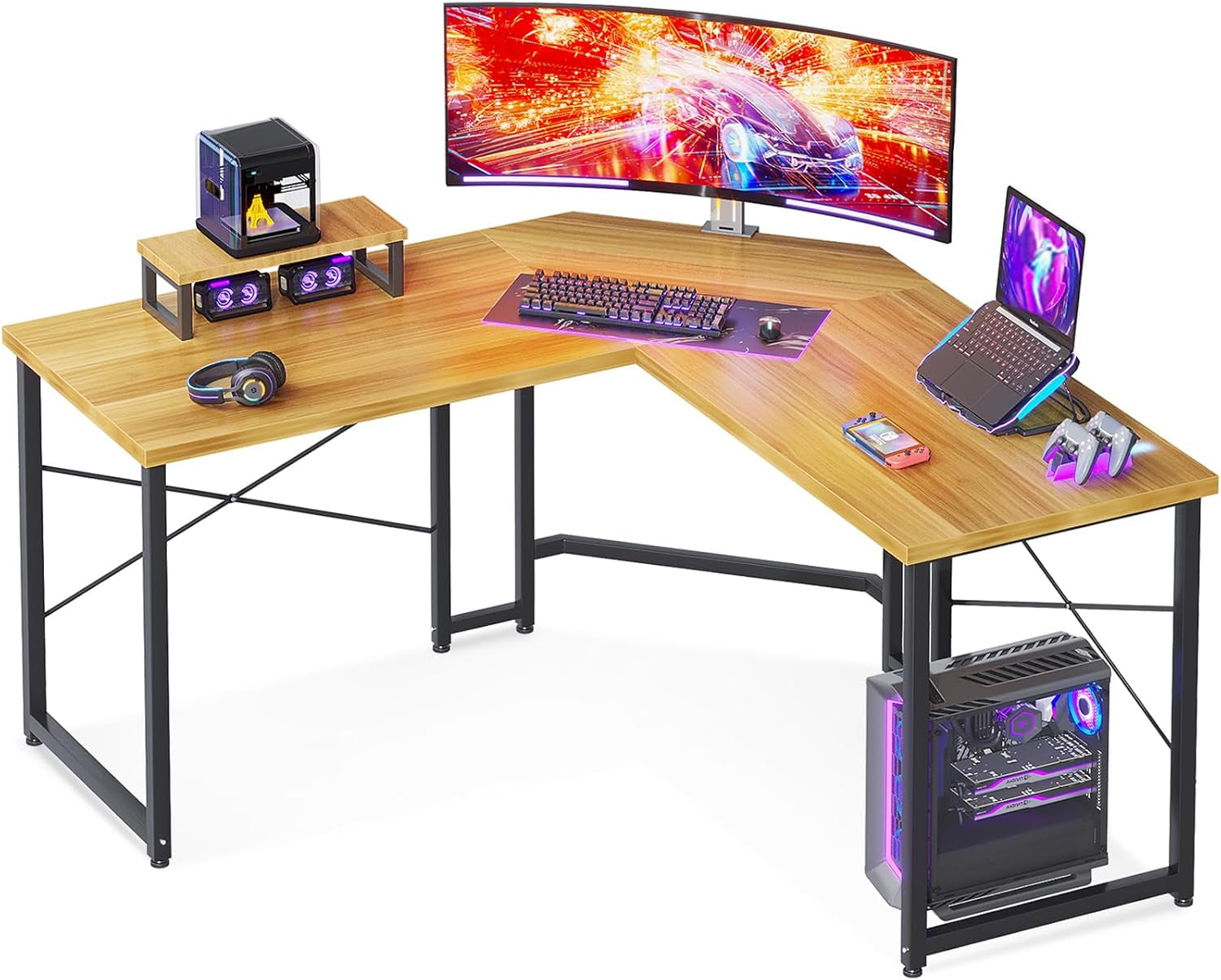 L Shaped Gaming Desk with Monitor Stand, Corner Desk Gaming Table for Home Office, Computer Desk Sturdy Writing Workstation for Small Space, 51 Inch, Sandalwood