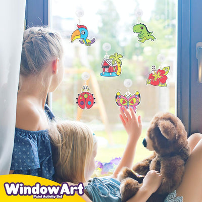 Window Paint Art Kit – Make Your Own Suncatchers Set – 24 Sun Catchers, 24 Suction Cups & 11 Paints – Suncatchers for Kids to Paint - DIY Window & Mirror Arts & Crafts Kit Children