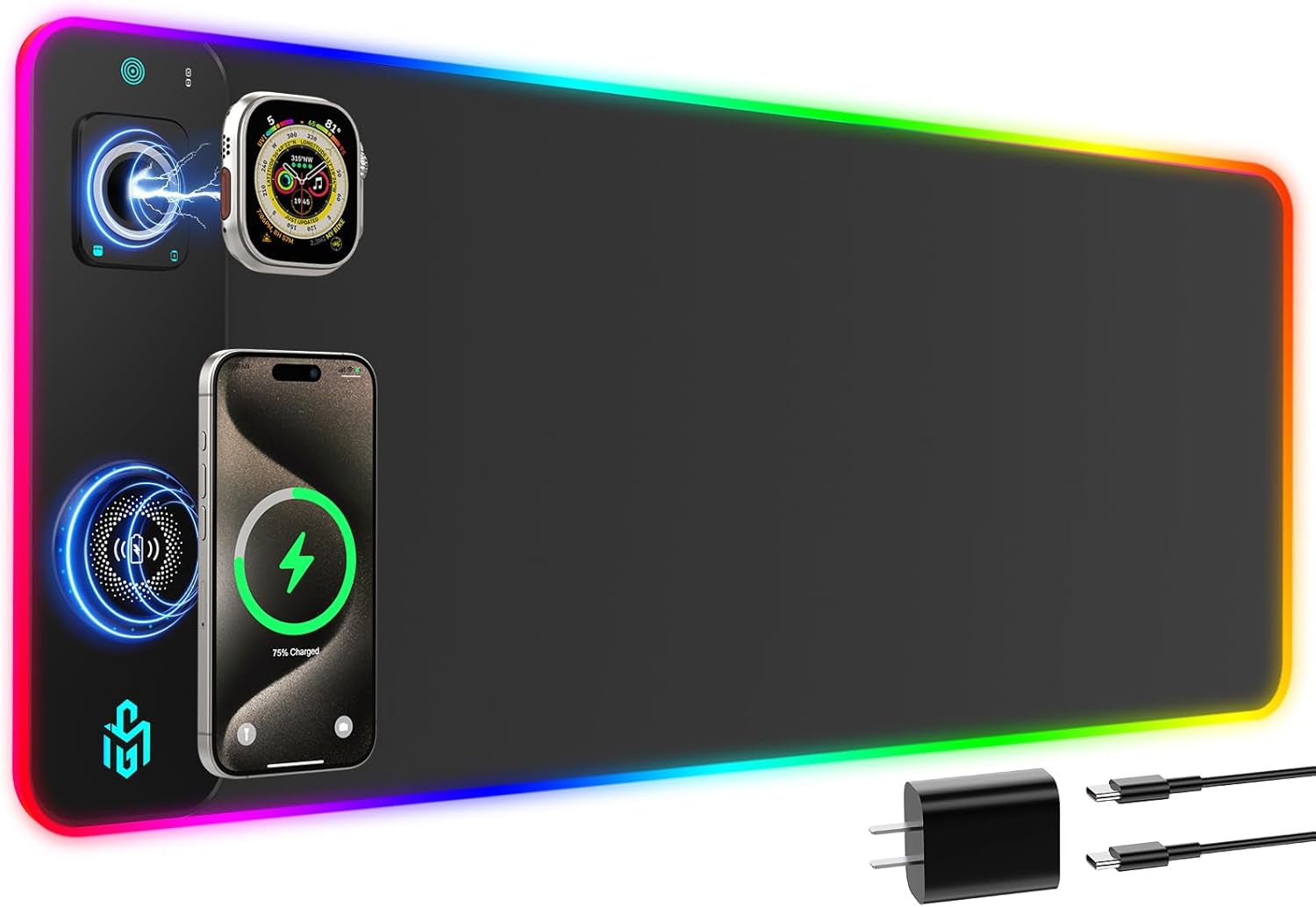 RGB Gaming Mouse Pad with Simultaneous Charging for Phone & Iwatch, LED Mouse Mat 800X300X4Mm, 14 Light Modes, Non-Slip Rubber Base, Computer Keyboard Mat for Gaming, 20W PD Adapter Included