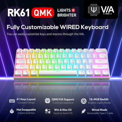 RK61 Wired 60% Mechanical Gaming Keyboard Programmable QMK/VIA RGB Backlit 61 Keys Ultra-Compact Hot Swappable Red Switch White