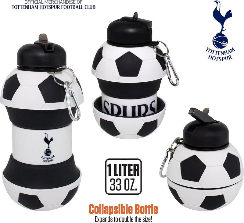 ART Tottenham Clip-On Collapsible 1 Liter, 34 Oz. Size Bpa-Free Silicone Soccert Large Water Bottle