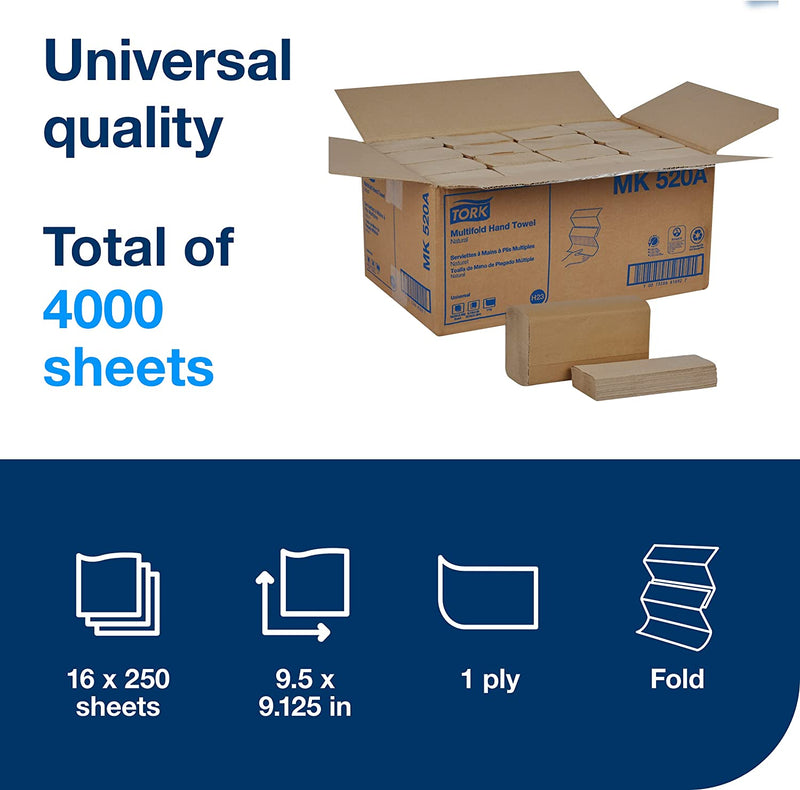 Multifold Hand Towel Natural H2, Universal, 100% Recycled Fibers, 16 X 250 Sheets, MK520A