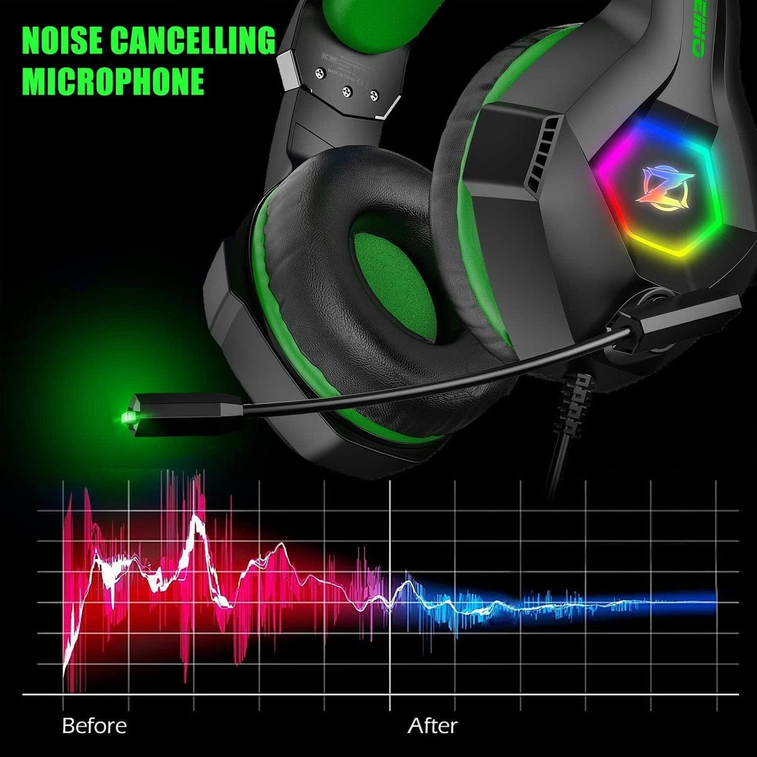 Gaming Headset for PC, Ps4, Ps5, Xbox Headset, Gaming Headphones with Noise Cancelling Flexible Mic RGB Light Memory Earmuffs for Xbox One, Switch, Mac -Green