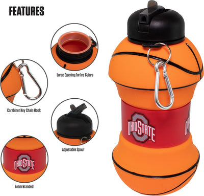 ART Ohio State Clip-On Collapsible 1 Liter, 34 Oz. Size Bpa-Free Silicone Basketball Large Water Bottle