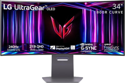 34GS95QE 34-Inch Ultragear OLED Curved Gaming Monitor WQHD 800R 240Hz 0.03Ms Displayhdr True Black 400 AMD Freesync Premium Pro NVIDIA G-Sync HDMI 2.1 Displayport Tilt/Height/Swivel Stand Black