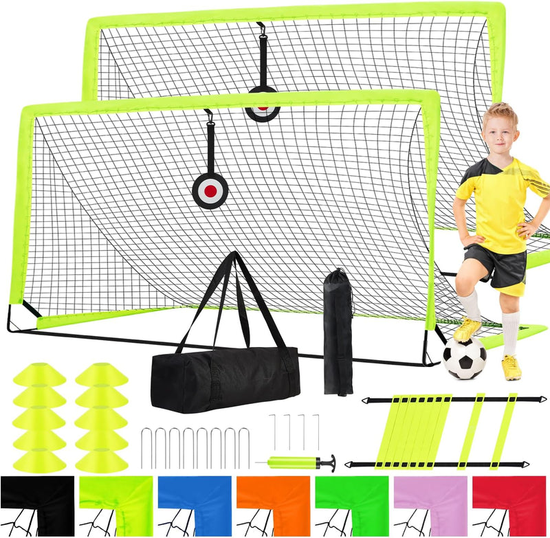 Soccer Goal - Set of 2 Soccer Nets, 6X4 Ft Portable Pop up Soccer Goals for Backyard - Soccer Training Equipment with Soccer Ball, Ladder, and Cones - Toddler Kids Youth Outdoor Game Toys