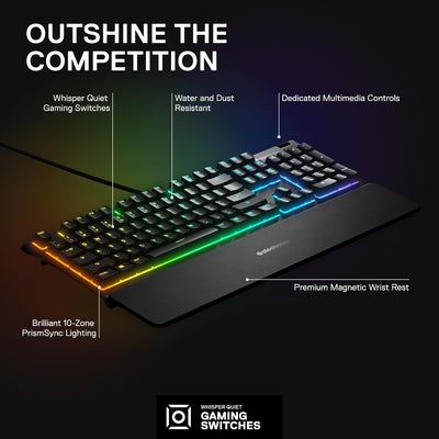 Apex 3 RGB Gaming Keyboard – 10-Zone RGB Illumination – IP32 Water Resistant – Premium Magnetic Wrist Rest (Whisper Quiet Gaming Switch)