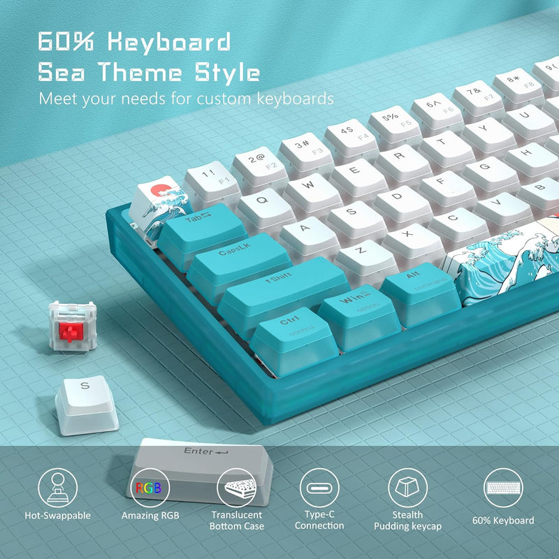 60% Percent Keyboard, WK61 Mechanical RGB Wired Gaming Keyboard, Hot-Swappable Keyboard with Blue Sea PBT Keycaps for Windows PC Gamers - Linear Red Switch