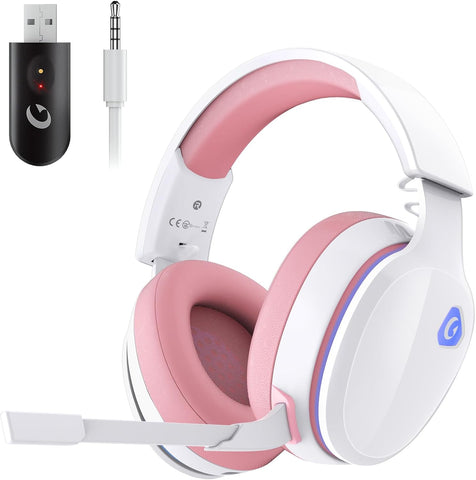 2.4Ghz Wireless Gaming Headset for PS5, PS4 Fortnite & FPS Gamers, PC, Nintendo Switch, Bluetooth 5.3 Gaming Headphones with Noise Canceling Mic, Stereo Sound, 40+Hr Battery (Pink)