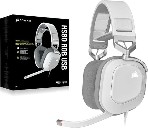 HS80 RGB USB Premium Gaming Headset with Dolby Audio 7.1 Surround Sound (Broadcast-Grade Omni-Directional Microphone, Memory Foam Earpads, High-Fidelity Sound, Durable Construction) White