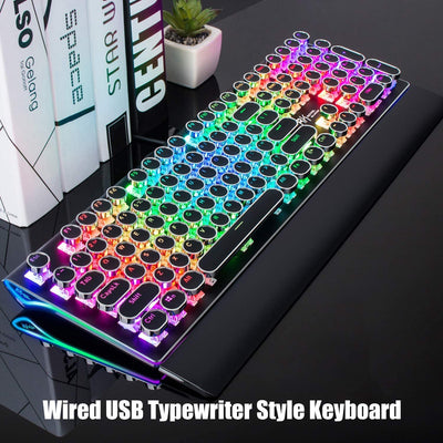 S108 Typewriter Keyboard, Retro Mechanical Gaming Keyboard Wired 108 Keys with RGB Backlit Sidelight, Detachable Wrist Rest, round Keycaps Blue Switches - Black