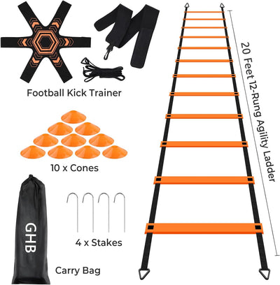 Pro Agility Ladder Soccer Kick Trainer Set 20Ft 12 Rung10 Cones and 4 Stakes Speed Agility Football Training Equipment with Carrying Bag